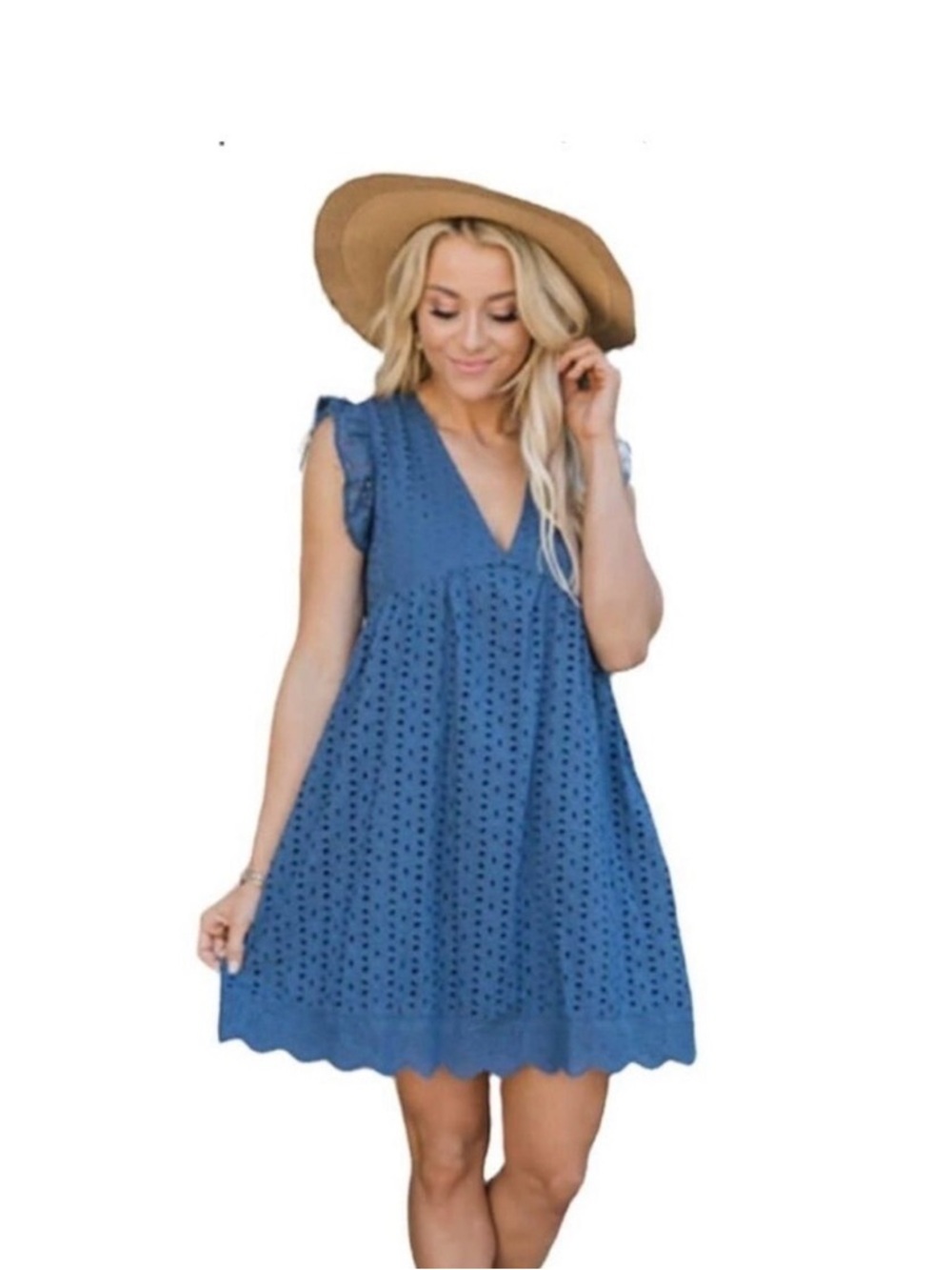Romper Dress with Shorts V-Neck Cotton Lace Dress Flutter Sleeve Medium Blue